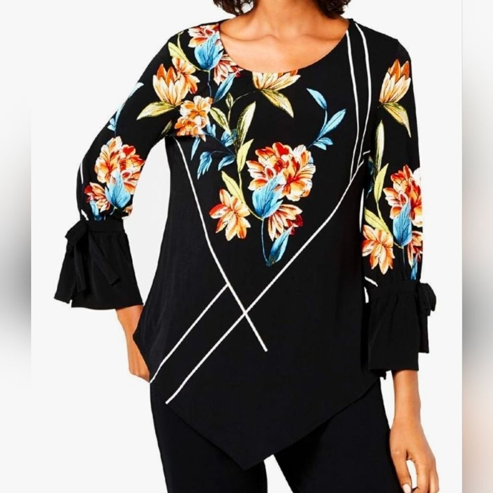 Alfani Black Floral Blouse with Ruffle Sleeves Size 1x